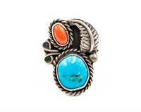 Navajo Sterling Turquoise Coral Ring Sz. 7.5