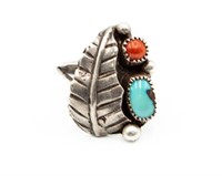 Navajo Sterling Turquoise Coral Ring Sz. 5