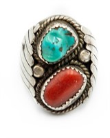 Navajo Turquoise Coral Ring Sz. 7.5/7.75