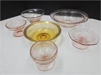 Pink Glass Lot & Yellow Trim Bowl