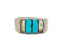 Zuni Sterling Turquoise Mother of Pearl Ring Sz 11