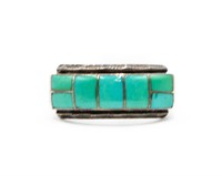 Signed Zuni Sterling Turquoise Inlay Ring Sz. 12