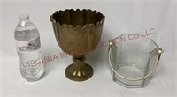 Vtg Brass Flower Goblet & Brass Handled Ice Bucket