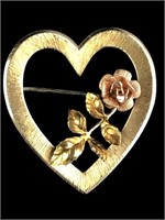 Vtg Krementz 14K Gold Overlay Rose & Heart Brooch