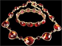 Goldtone Necklace & Bracelet Ruby Red Gems