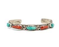 Wayne Cheama Zuni Turquoise Coral Cuff Bracelet
