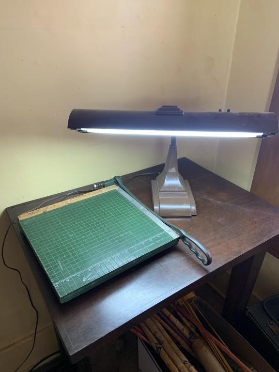 13" paper cutter, vintage desk light