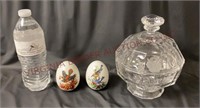 Crystal Covered Candy Dish & Porcelain Eggs