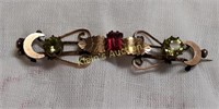 Gold antique Bar Brooch Pin, Ruby Peridot!