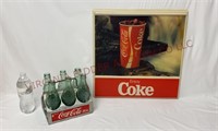 Coca-Cola Coke Aluminum Carrier w Bottles & Sign