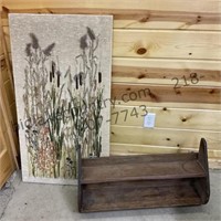 Embroidered Wall Art and Wood Shelf