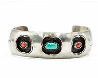 Navajo Sterling Turquoise Coral Cuff Bracelet