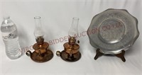 Vintage Copper Oil Lamps & Aluminum Dish