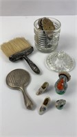 Sterling brush, jar of watch/clock parts, more