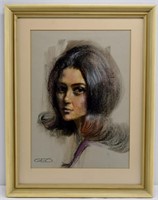 Pastel Portrait Framed Under Glass - SIgned GEO
