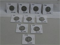 Ten 1937-1948 Silver Quarters 90% Silver