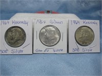 Three 1964 Silver Kennedy Half Dollars 90% Silver