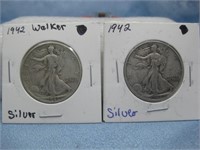 Two 1942 Silver Half Dollars 90% Silver