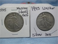 Two 1945 Silver Half Dollars 90% Silver