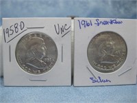 1958 &1961 Silver Franklin Half Dollars 90% Silver