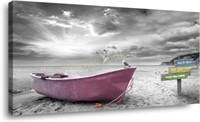 Beach Boat Canvas Art 20x40 Pink Ocean Decor