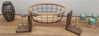 J - BOOK ENDS, WIRE BASKET, CANDLES (B23)
