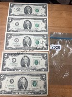 set of 5 $2.00 bills