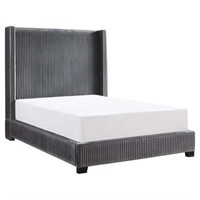 Velvet Queen Bed  Pleated Dark Gray