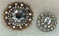(2) Vtg Brooches: Silver/Gold Tone Round Clear