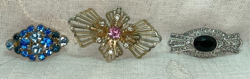 (3) Vtg Brooches:  Blue Crystal, Pink/Clear