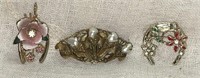 (3) Vtg Pins:  Enamel Flower Wishbone, Gold Tone