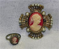 Vintage Cameo Brooch & Costume Cameo Ring