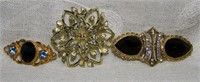 (3) Vtg Brooches: Gold Tone Blue Crystal, Gold