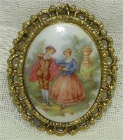 Vintage Porcelain Colonial Couple Cameo Brooch