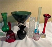 Cranberry, Plum, Emerald, Blue Vases, Bells, Bowl