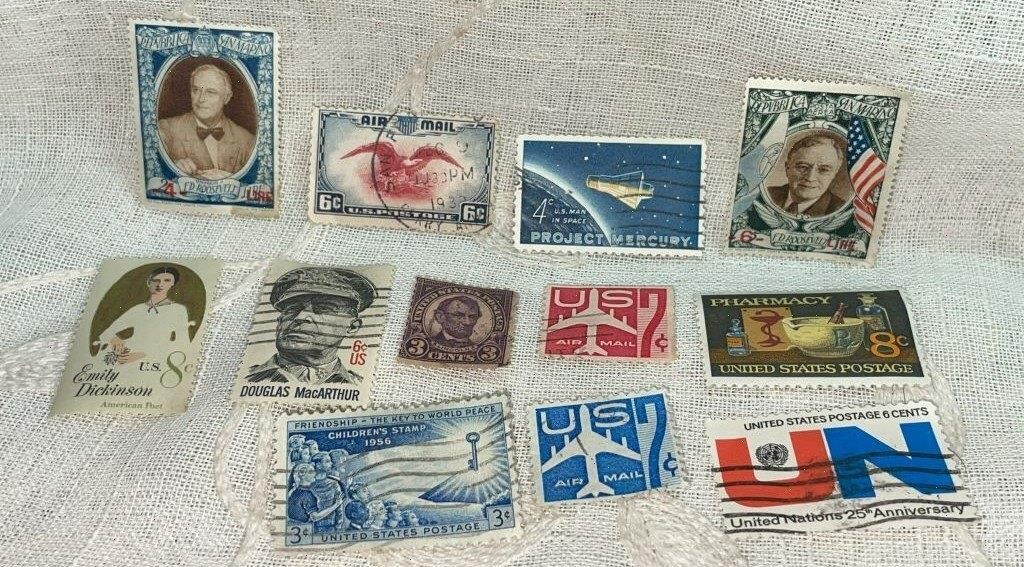 Lot of Twelve (12) US Stamps, Mostly Cancelled