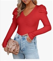 New  Women’s Casual V Neck Puff Long Sleeve