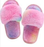 Used Girls Open Toe Fuzzy Slippers Soft Plush