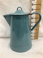 Greenish/White Speckled Enamel Coffee Pot, 8”T
