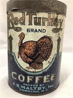 Red Turkey Brand Coffee Metal Tin, 6”T