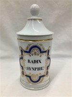 Apothecary Jar “Radix Synphe” w/ Lid, 9 1/2”T