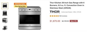 A293 Thor Kitchen 36-Inch Gas Range w/ 6 Burners