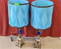 Vintage blue and gold lamps, lamp shades torn.