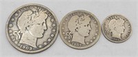 3 Barber 90% Silver Coins1907, 1909, 1900