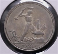 1927 RUSSIA 1/2 ROUBLE AU+