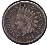 1863 INDIAN HEAD CENT VF DETAILS HOLE