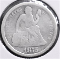 1875 S SEATED DIME VG