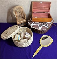 Vintage Wicker Doll Chair, Wicker Sewing Basket +