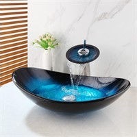 $135  Blue&Black Tempered Glass Vessel Sink Set