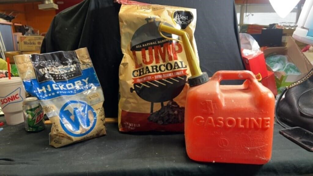 Partial bag charcoal, 2 gal gas can